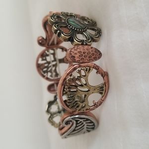 Gold Silver Copper Abalone Tree of Life Flower Leaf Stretch Bracelet